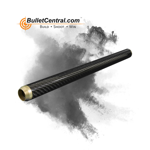 BC Custom Carbon Fiber Shroud for FX Impact M3 with FX Clamp, designed for a 700mm length as part of a kit. Displayed against a dramatic grey smoke background, this shroud features a durable and lightweight carbon fiber construction. It is intended to enhance rifle performance by providing increased stability and a sleek, professional look.