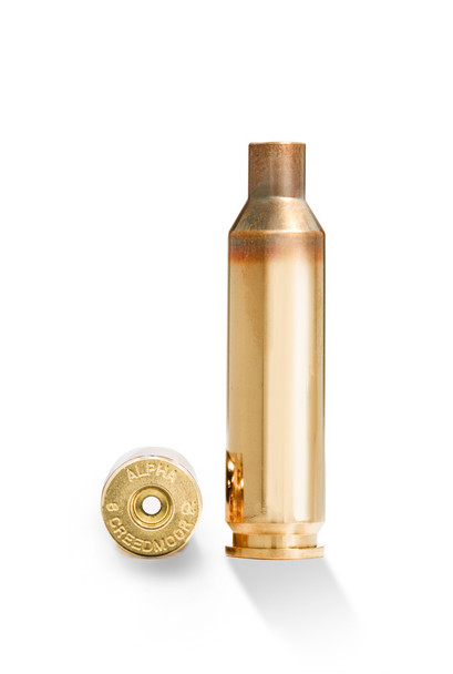 image shows a brass cartridge case for the 6mm Creedmoor, designed to be used with a Small Rifle Primer, manufactured by Alpha Munitions. The 6mm Creedmoor is popular for precision shooting due to its accuracy, efficiency, and the wide selection of high ballistic coefficient bullets that can be used. The Small Rifle Primer is often chosen for such precision cartridges as it can offer more consistent ignition with certain types of propellant or in various shooting conditions. Alpha Munitions is recognized for producing high-quality brass that caters to the needs of competitive shooters and precision reloaders. The brass is noted to be sold in a quantity of 100, which allows for extensive reloading and consistency across a large number of rounds, a common practice among those engaged in precision shooting disciplines.