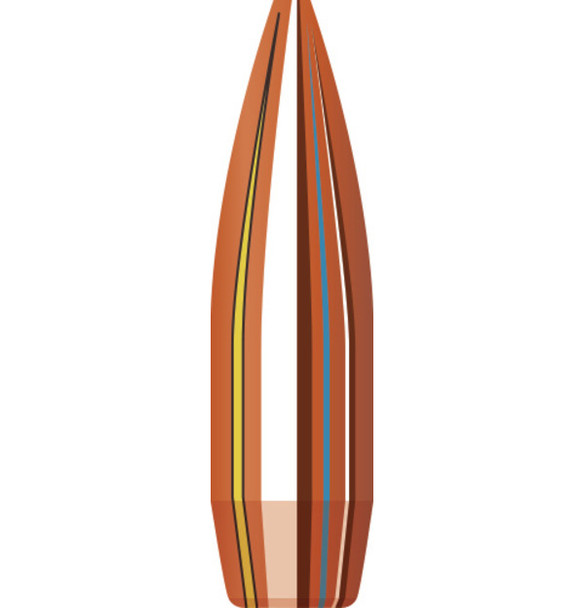 Hornady Bullets, 22 Caliber, .224 Diameter, 68 Grain BTHP (Boat Tail Hollow Point) Match, model number 2278, sold in quantities of 100. The image illustrates a detailed cross-section of the bullet, highlighting its internal design features with layers of copper and lead. The bullet's sleek profile and boat tail design are emphasized through a range of colors, showcasing its engineered precision for enhanced stability and accuracy in competitive shooting.