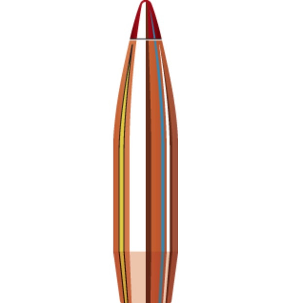 Hornady Bullets, 22 Caliber, .224 Diameter, 75 Grain BTHP (Boat Tail Hollow Point) Match, model number 2279, sold in quantities of 100. The image presents a detailed cross-section of the bullet, displaying its internal composition and layered structure, emphasizing the precise engineering for maximum accuracy. The bullet's design features a tapered boat tail and a hollow point, illustrated in vibrant colors to highlight its aerodynamic shape and ballistic efficiency.