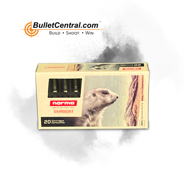 Box of Norma Tipstrike-Varmint .223 Remington ammunition with 55 grain bullets, containing 20 rounds. The packaging is beige with a detailed image of a prairie dog, indicating the ammunition's use for varmint hunting. The box features the Norma logo and the product number 20157352, highlighted against a cloud-like smoky gray backdrop with the BulletCentral.com logo at the top.