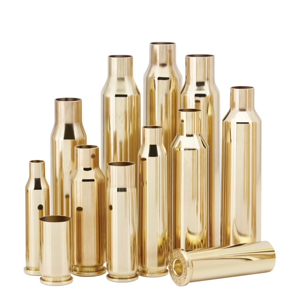 The image shows a collection of 6mm Creedmoor brass casings by Hornady. These unprimed cases are specifically designed for reloading and are noted for their consistency and high quality, making them a popular choice among precision shooters and reloaders. The brass has a shiny, golden appearance and is displayed in various sizes, indicating different case capacities. These are unprimed, indicating they are ready for the reloading process where the primer, powder, and bullet are added.