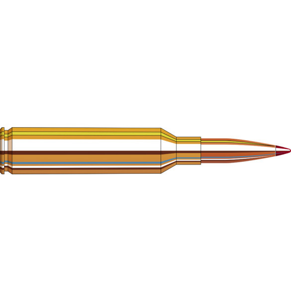 The image displays a diagram of Hornady's 7mm PRC 180 Gr ELD Match ammunition, presented in a highly detailed technical drawing that shows the internal structure and components. The bullet features an elongated profile with a pointed tip designed for precision and enhanced aerodynamics. The sectional representation highlights the bullet's sophisticated design, with layers indicating the jacket, core, and other internal structures that optimize its performance for long-range accuracy. This ammunition is part of a 20-count box tailored for competitive shooting and hunting scenarios where precision is crucial.