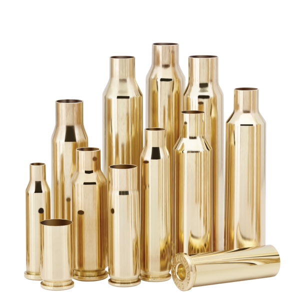 The image displays an assortment of unprimed 7mm Rem Mag brass cases from Hornady, neatly arranged in various stages from smaller beginnings to fully developed cases, ready for the reloading process. The brass cases shine with a golden hue, emphasizing their quality construction, suitable for precise reloading needs. This visual presentation underscores Hornady's commitment to delivering top-notch reloading components.