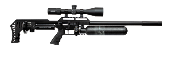 FX Airguns Impact M3 air rifle in black, featuring a 700mm barrel chambered in .30 caliber, model FXI353621-DFL. This high-performance airgun is equipped with a telescopic sight, an extended suppressor, and a tactical adjustable stock. Designed for both precision and versatility, it is ideal for competitive shooting and precise hunting applications.