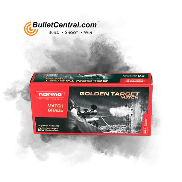 Box of Norma Golden Target 6.5 Creedmoor ammunition with 143 grain BTHP (Boat Tail Hollow Point) bullets, containing 20 rounds. The packaging features a dynamic black and red design with an image of a competitive shooter at a rifle range, emphasizing the match-grade precision of the ammunition. The product number 10166522 is noted on the box, set against a smoky gray background with the BulletCentral.com logo at the top, appealing to competitive shooters and precision marksmen.