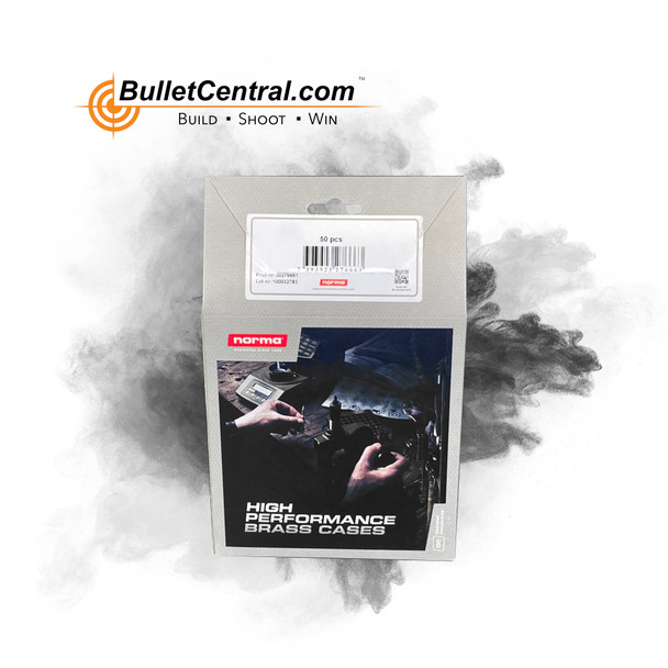Package of Norma brass for 7mm-08 Remington, with the product number 20270222, containing 50 pieces. The packaging is designed with a clear front view allowing visibility of the shiny brass casings inside. It features a dramatic black and white background with an image of a shooter in action, underlining the brass's high-performance capabilities. The box includes the BulletCentral.com logo in a smoky gray overlay, emphasizing the quality and precision suitable for reloading purposes.