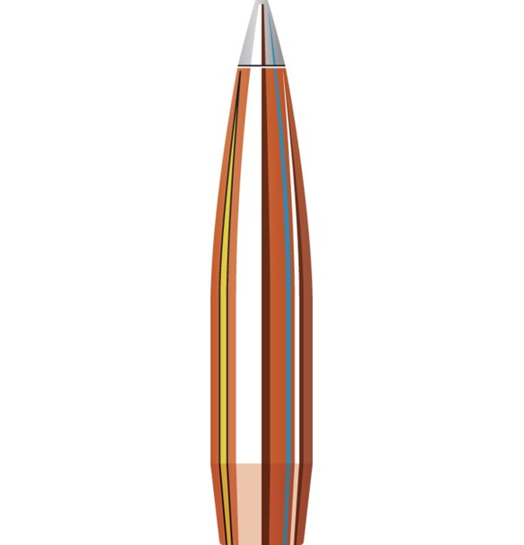 This image showcases a Hornady A-Tip Match bullet designed for 6mm rifles, with a .243 diameter and a 110 grain weight, optimized for a 1-7.7" twist rate, part number 24531. The bullet is depicted in a detailed cutaway view, revealing its internal layered structure which enhances performance through improved balance and flight stability. The design highlights its aerodynamic shape with a sharp, pointed tip for maximum precision. The color bands around the bullet add a visual distinction, indicating its design for high accuracy in competitive shooting. This representation is ideal for enthusiasts and professional shooters looking for top-tier ammunition tailored for long-range precision.
