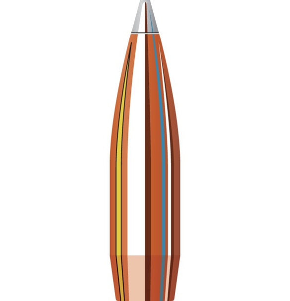 Illustration of a Hornady 30 Cal .308 176 grain A-Tip Match bullet, product number 30717. This high-performance bullet features a copper body with a tapered, silver tip, and colored bands around its length to enhance aerodynamics and stability. Designed for a 1-12" twist rate, it is suitable for long-range shooting competitions. Presented as a pack of 100 bullets.