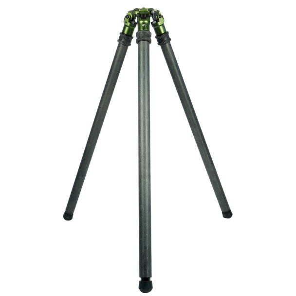 FatBoy Elevate Tripod, depicted with two sturdy sections, features a sleek black carbon fiber build with subtle green accents, designed for robust support and portability for photography gear.