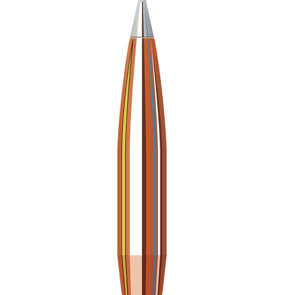 Illustration of a Hornady 30 Cal .308 250 grain A-Tip Match bullet, product number 3092, designed for a 1-8.5" twist rate. This high-performance bullet features a copper body with aerodynamic colored bands and a precision silver tip, engineered for stability and accuracy. Ideal for long-range shooting competitions, highlighted with a focus on its advanced design and features.