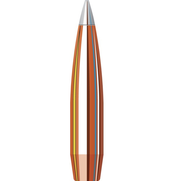Illustration of a Hornady 375 Cal .375 390 grain A-Tip Match bullet, product number 3729, designed for a 1-11" twist rate. This high-performance bullet features a copper body with aerodynamic colored bands and a precision silver tip, engineered for stability and accuracy. Ideal for long-range shooting competitions, highlighted with a focus on its advanced design and features.