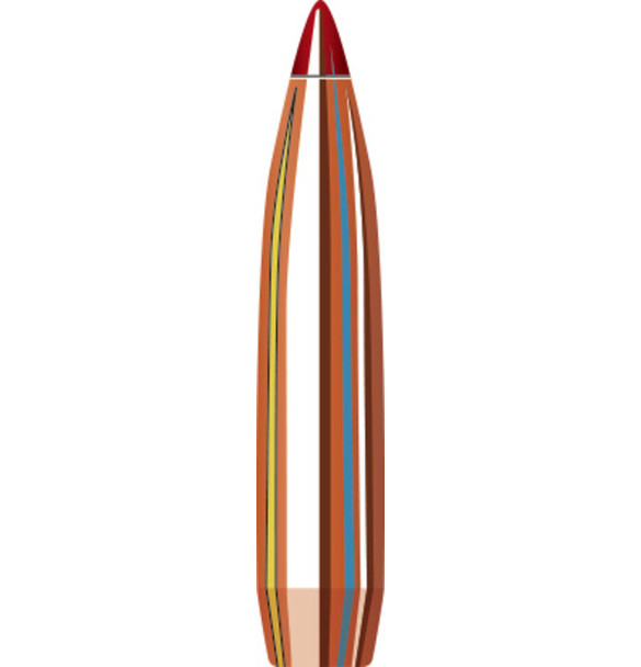 Illustration of a Hornady 6.5mm .264 140 grain ELD Match bullet, product number 26331, designed for a 1-8" twist rate. This high-performance bullet features a copper body with aerodynamic colored bands and a red polymer tip, engineered for exceptional stability and accuracy. Ideal for competitive shooting and precision target practice, highlighted with a focus on its advanced design and features.