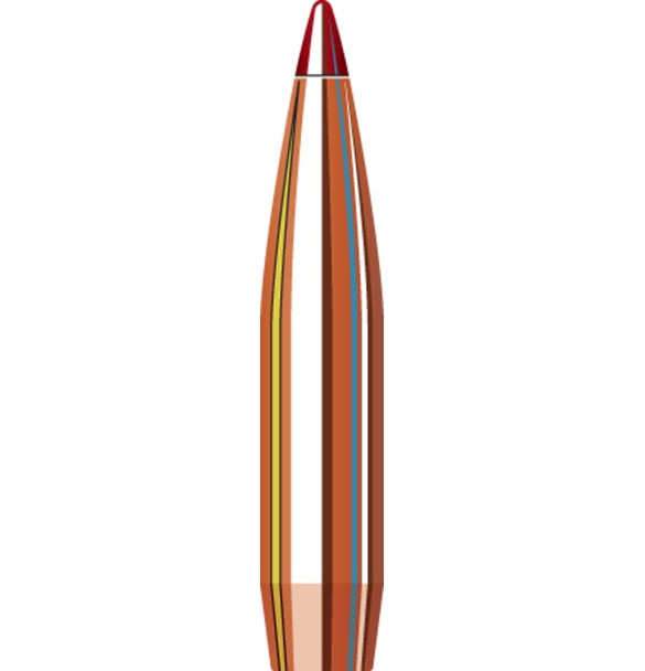 Illustration of a Hornady 7mm .284 180 grain ELD Match bullet, product number 28503, designed for a 1-8" twist rate. This high-performance bullet features a copper body with aerodynamic colored bands and a red polymer tip, engineered for exceptional stability and accuracy. Ideal for competitive shooting and precision target practice, highlighted with a focus on its advanced design and features.