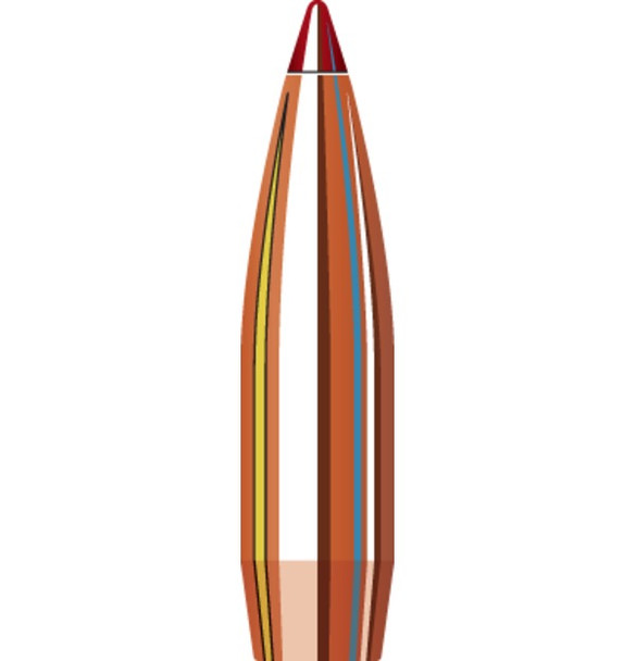 Illustration of a Hornady 30 Cal .308 178 grain ELD Match bullet, product number 30713, designed for a 1-12" twist rate. This high-performance bullet features a copper body with aerodynamic colored bands and a red polymer tip, engineered for exceptional stability and accuracy. Ideal for competitive shooting and precision target practice, highlighted with a focus on its advanced design and features.