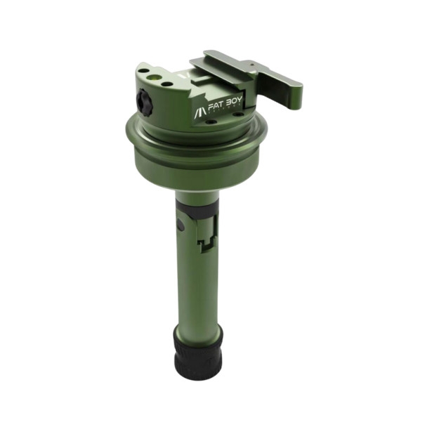 FatBoy Levitate Level Head tripod attachment, presented in an olive green finish with a quick-release lever and precision bubble level, mounted on a single tripod leg for camera alignment and leveling.