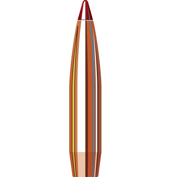 Illustration of a Hornady 22 Cal .224 88 grain ELD Match bullet, product number 22834. This high-performance bullet features a copper body with aerodynamic colored bands and a red polymer tip, engineered for exceptional stability and accuracy. Ideal for competitive shooting and precision target practice, highlighted with a focus on its advanced design and features, suitable for rifles with appropriate twist rates.