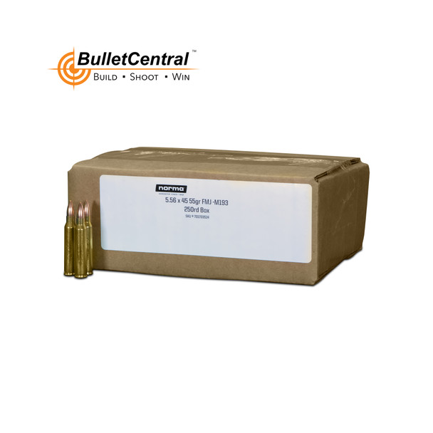 The image displays a product box of Norma Ammunition containing 250 rounds of 5.56x45 NATO 55gr FMJ ammunition. The box is colored brown and features a label that specifies the contents and quantity. This type of packaging is commonly used for bulk ammunition purchases, offering a practical and cost-effective solution for frequent shooters or those stocking up on rounds. The rounds themselves appear to be full metal jacket (FMJ) bullets, which are typically used for training and target shooting due to their consistent performance and relatively low cost.