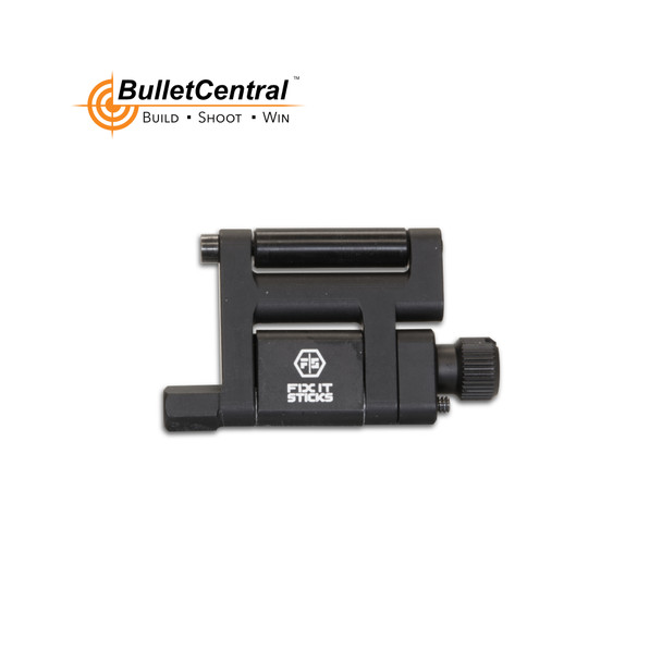 A Fix It Sticks Scope Jack, a compact, black, mechanical leveling device for precision scope mounting, with the company's logo and branding from Bullet Central, for ensuring the reticle is perfectly horizontal during installation.