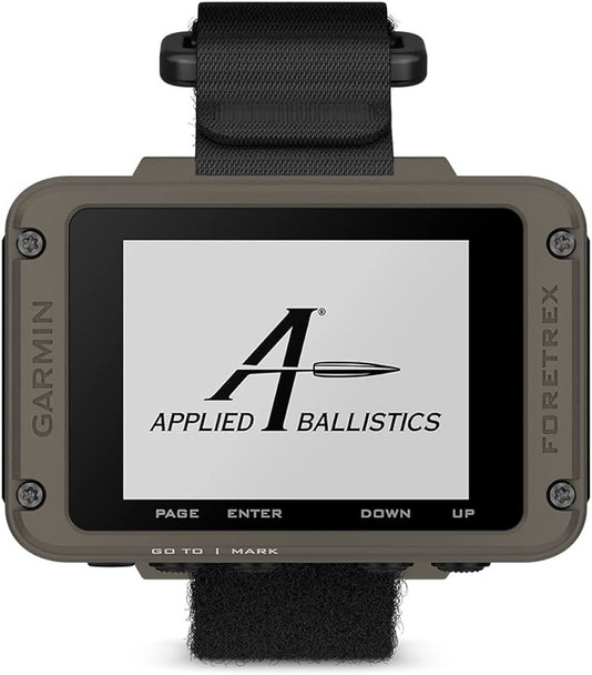 The image shows the Garmin Foretrex 901, which appears to be a wrist-mounted GPS device. This type of device is typically used by military personnel, hunters, and outdoor enthusiasts for navigation purposes. The screen displays the logo for "Applied Ballistics", suggesting that this particular model integrates ballistic calculations, which can be incredibly helpful for long-range shooters in determining how bullets will perform under various conditions. Garmin's Foretrex series is known for its durability and reliability in rugged conditions, making it a useful tool for those in demanding environments where hands-free navigation and quick access to ballistics data are essential.