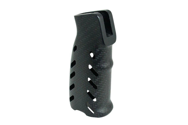 The image displays the XLR Industries Smoke Carbon Fiber Grip, a high-quality accessory for precision rifles. The grip's carbon fiber construction ensures a balance between strength and weight, providing a lightweight option without compromising durability. Its distinctive cutouts enhance grip and reduce overall mass, while the ergonomic design is tailored for comfortable and firm hand placement. The smoke finish offers a unique aesthetic that complements various rifle builds. This grip is tailored to meet the demands of precision shooters who seek to reduce their rifle's weight while maintaining a solid and tactile interface with their firearm.