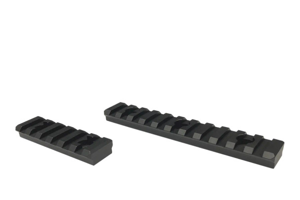 Pictured are two XLR Industries M-LOK Picatinny Rail sections. The longer section features 11 slots and measures 4.5 inches, while the shorter one has fewer slots. These rail sections are designed to be attached to firearms with M-LOK mounting systems, providing a versatile base for securing a wide range of tactical accessories. The rails' black finish and solid construction ensure they are both durable and unobtrusive when mounted, offering a reliable solution for customizing rifles to suit various operational needs.