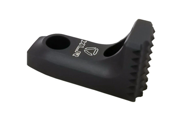 The image displays the XLR Industries M-LOK Micro Barricade Stop, a compact and robust accessory designed for precision rifles. This device attaches to M-LOK compatible handguards and provides a stable interface against various surfaces and barricades, enhancing the shooter's control and precision. The notched design allows for better grip and positioning when shooting from a barricade or other support, and its small size ensures it doesn't add unnecessary bulk to the rifle. The logo etched on the side signifies the quality and reliability associated with XLR Industries products.