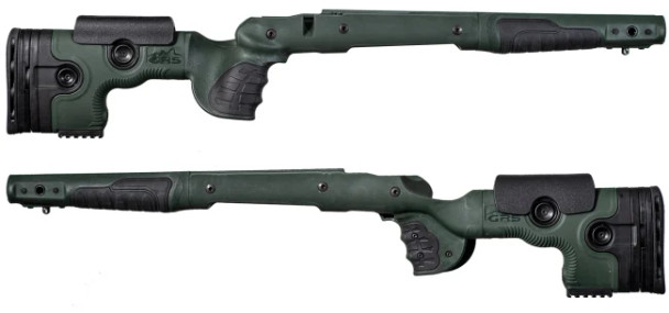 GRS Bifrost rifle stocks designed for the Bergara B-14 SA HMR, showcased in green. The image displays two angled views of the stocks, highlighting the rugged, versatile design with distinctive cutouts for weight reduction and improved handling. These stocks feature an adjustable cheek rest, length of pull, and ergonomic grip and forend for superior shooting comfort. The design includes integrated attachment points for bipods or slings, enhancing functionality for various shooting applications.