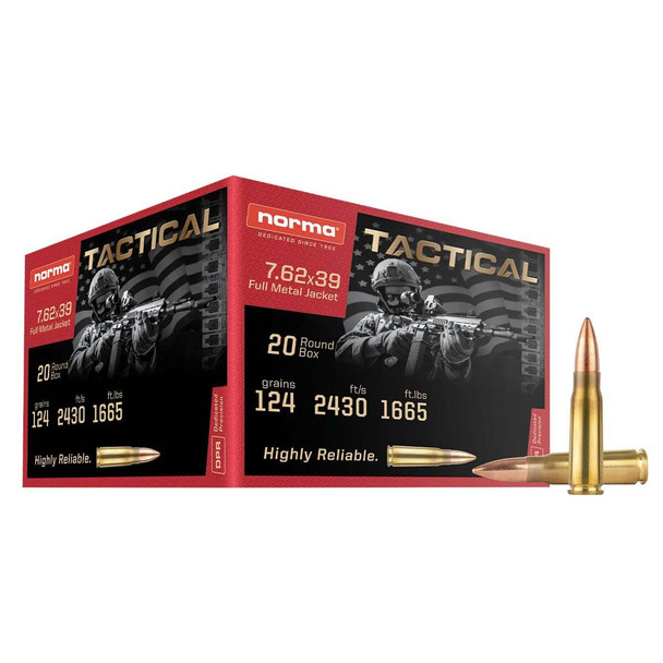 The image displays a box of Norma Tactical Ammunition, specifically 7.62x39mm with a 124 grain Full Metal Jacket (FMJ) bullet. This box contains 20 rounds. The packaging features a robust design with a dark theme and bold lettering that highlights its "Tactical" branding. This type of ammunition is popular among military and law enforcement for training and field exercises due to its reliability and performance. The FMJ bullet is designed for consistent feeding and reduced barrel wear, making it a good choice for shooting without expansion or fragmentation upon impact.
