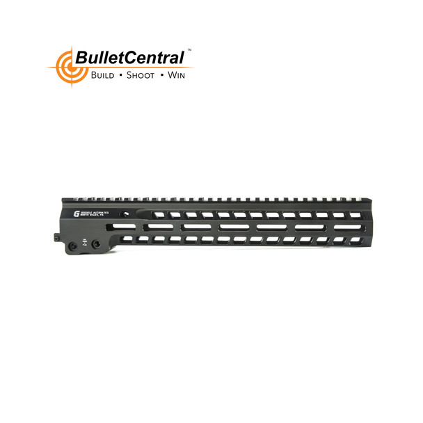 Geissele Automatics 13.5" Super Modular Rail MK14 featuring the M-LOK system, in black. This rail system is designed for rifles to enable the mounting of a variety of accessories and offers a sleek, extended platform for shooters to customize their firearm. The M-LOK slots along the sides and bottom allow for versatile accessory placement without the unnecessary weight of full rail systems. The black finish is preferred for its versatile look and low visibility.