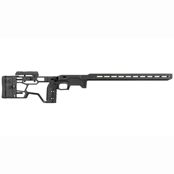The image shows the MDT (Modular Driven Technologies) ACC (Adjustable Core Competition) Elite Chassis System for the Remington 700 short action (SA), designed specifically for left-handed (LH) shooters. The chassis is depicted in black (BLK), as indicated by the part number (106802-BLK). This chassis is engineered to provide a highly customizable platform for precision shooting, featuring a full-length forend with M-LOK slots for accessories, an adjustable stock for length of pull and cheek rise, and an integrated vertical grip. This system is favored by competitive shooters and those who require a tailored fit for their shooting style and ergonomic preferences.