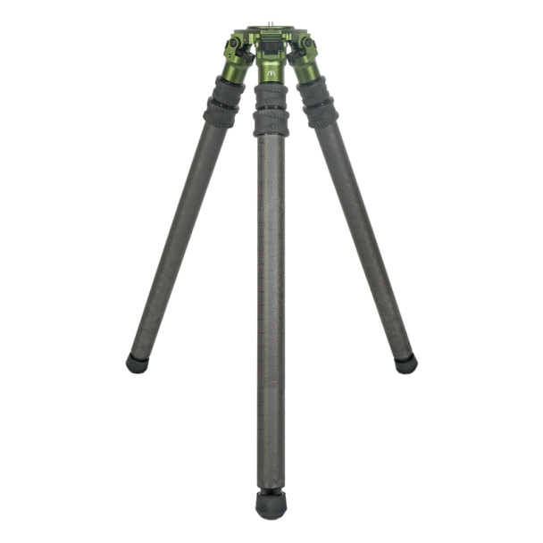 Front-facing image of the FatBoy Elevate Tripod with three sections, showcasing durable carbon fiber construction with sleek green joints and fastening mechanisms for enhanced camera support.