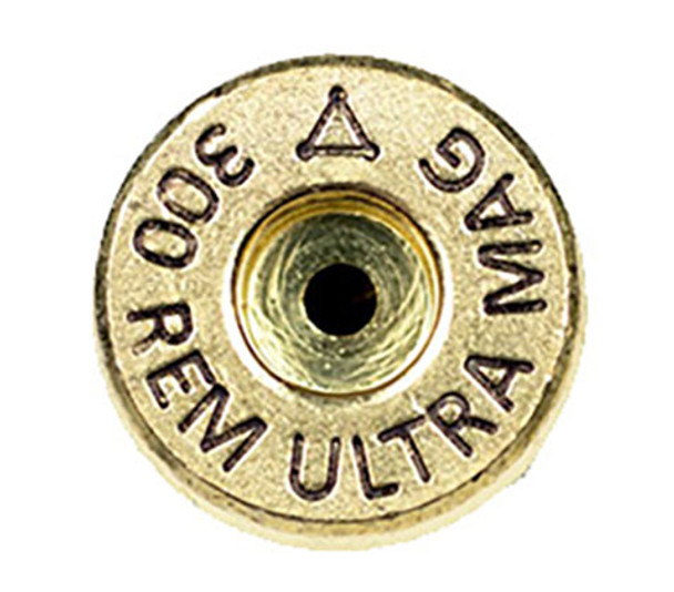 Close-up view of the base of a 300 Remington Ultra Magnum cartridge by ADG Brass, displaying the engraved headstamp around the primer hole. The anneal line is visible, indicating the heat treatment process used for durability. Ideal for product listings and ammunition collectors, part of a 50-piece box set.