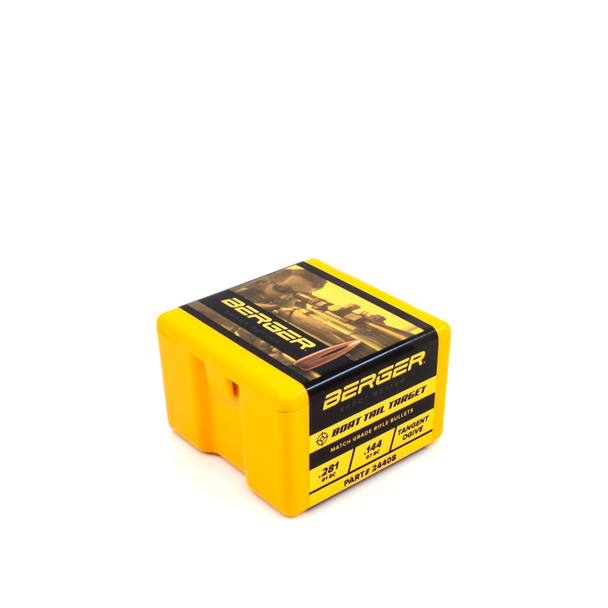A compact yellow box of Berger 6mm, 65gr BT (Boat Tail) Target bullets, with the product number 24408, indicating a quantity of 100. The box features an image of a competitive shooting scenario, highlighting these bullets' suitability for precision target shooting.