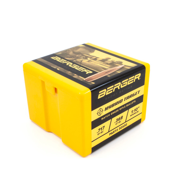 Photograph of a yellow and black box of Berger Hybrid Target bullets, .30 Caliber, 230 grain, product number 30430. The packaging, designed to contain 100 bullets, displays a long-range target shooting scene, signifying the precision and advanced design of these bullets for serious marksmen.
