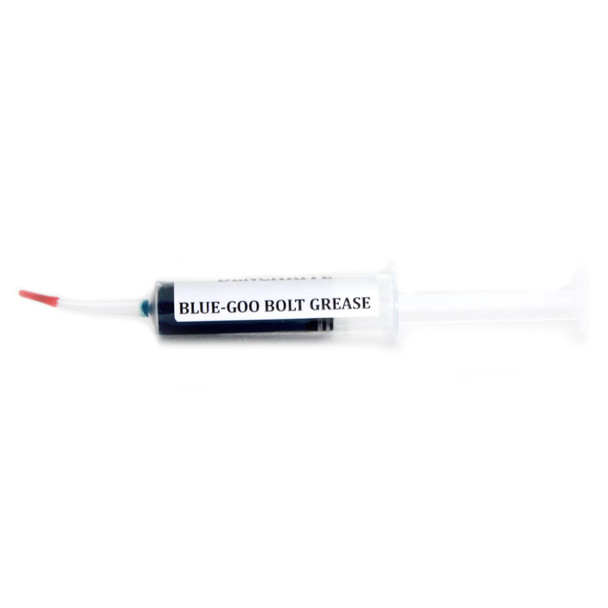 Image of a syringe-style dispenser of Benchrite Blue Goo Bolt Grease, featuring a narrow red tip for precise application. The label clearly displays the product name on a blue and white tube, emphasizing its use for lubricating firearm bolts for smoother operation.