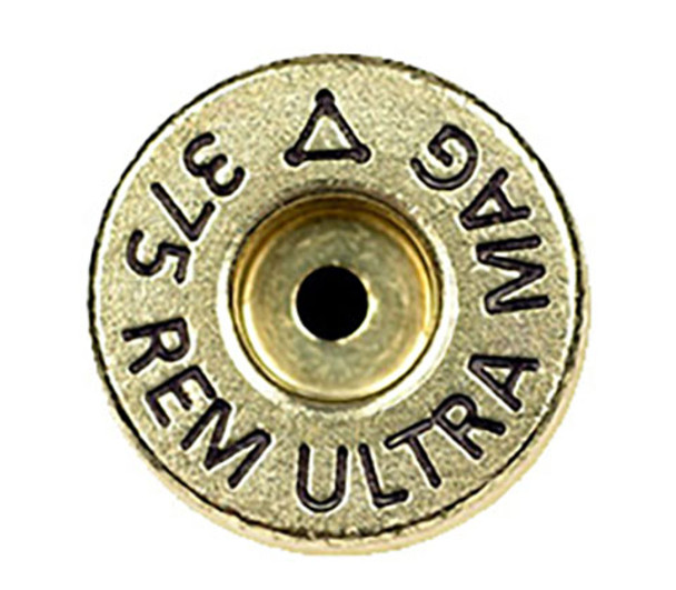 Detailed view of the base of a 375 Remington Ultra Magnum cartridge by ADG Brass, featuring a clear headstamp that reads '375 REM ULTRA MAG'. The image highlights the brass quality, central primer hole, and visible anneal line, indicating the heat treatment for durability. This is ideal for enhancing product listings and appealing to ammunition enthusiasts in a 50-piece box set.