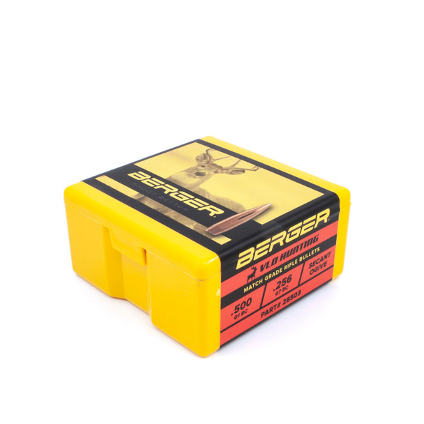 A bright yellow box with black and red accents containing Berger VLD Hunting bullets, 7mm caliber, 140 grain, product number 28503. The box, designed to hold 100 bullets, indicates Berger's dedication to providing hunters with high-quality ammunition for precise long-range shooting.