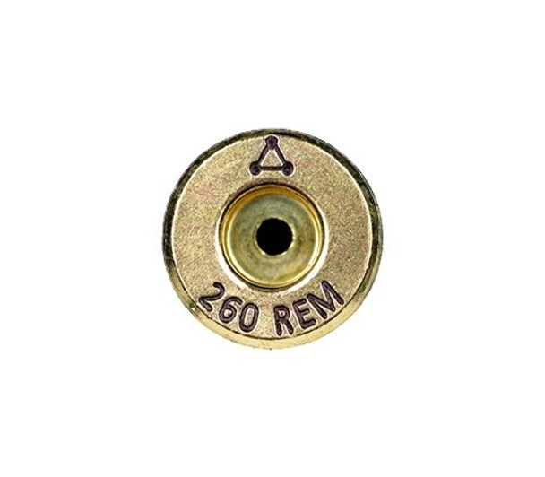 Close-up view of the base of a 260 Remington cartridge by ADG Brass, featuring the engraved headstamp '260 REM'. The brass shows a visible anneal line around the primer hole, indicating a heat treatment process for enhanced durability. Suitable for online product listings and ammunition enthusiasts, part of a 50-piece box set.
