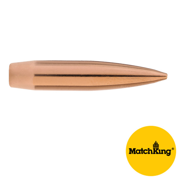 Sierra Bullets 6.5mm 142 grain HPBT Match, model 1742, 100 count. Image shows a close-up of a single copper bullet with a hollow point boat tail design, isolated on a white background. The 'MatchKing' logo is displayed in a yellow circle in the corner.