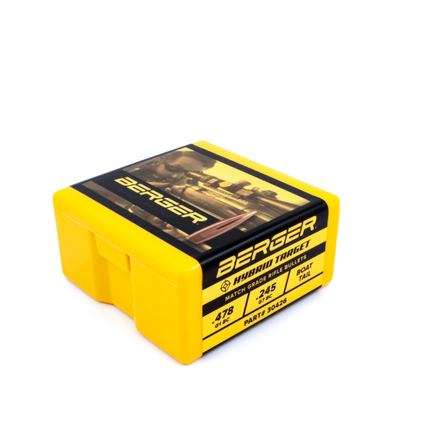 Photograph showcasing a yellow box of Berger Bullets, specified as .30 Caliber, 155 grain, designed for Hybrid Target shooting, with the product number 30426. The packaging suggests it contains 100 bullets, each crafted for competitive shooters seeking precision and ballistic efficiency in long-range target scenarios.