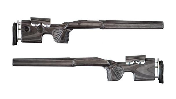 GRS Loke stock in Nordic Wolf showing the full laminate colorway and near vertical grip with thumb rests.