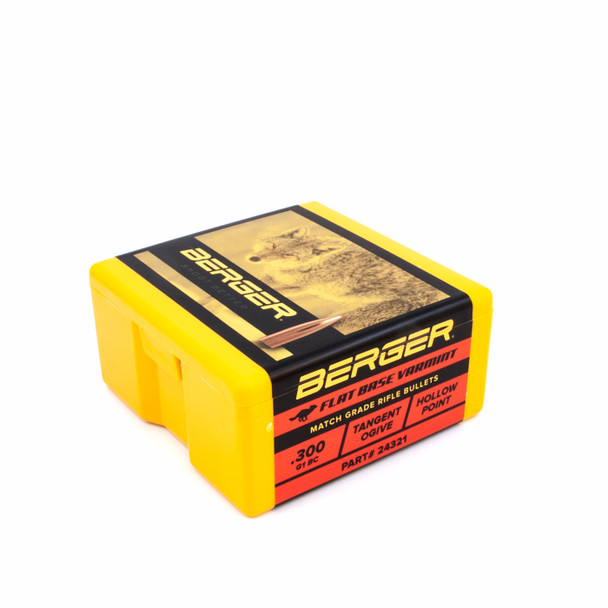 This image shows a yellow and red Berger Bullets box for 6mm, 80 grain, Flat Base Varmint projectiles, with the product number 24321. Designed for varmint hunting, the box suggests a pack of 100 bullets, suitable for shooters seeking precision and high-velocity performance