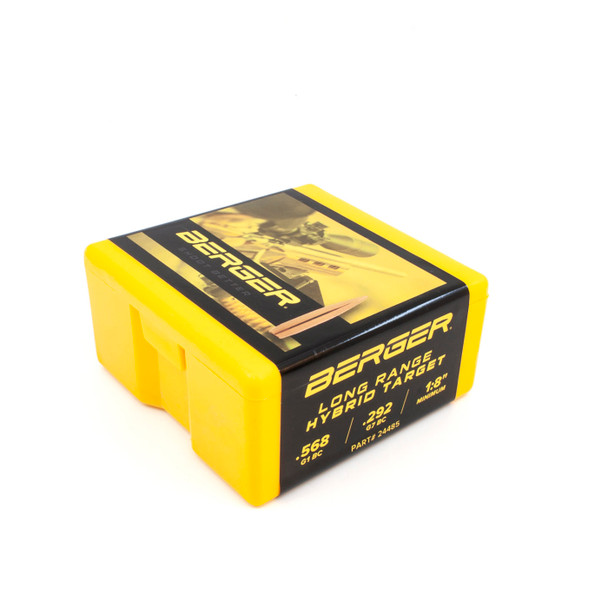 Image depicts a small yellow box with black trim labeled Berger Bullets, indicating the 6mm caliber, 80 grain, Flat Base Varmint type, and stamped with product number 24321. The box is noted to contain 100 bullets, aimed at precision and effectiveness in varmint hunting.