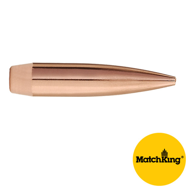 Sierra Bullets .22 Caliber 80 grain HPBT Match, model 9390T, 50 count. Image shows a single copper bullet with a pointed boat tail design, isolated on a white background. The 'MatchKing' logo is displayed in a yellow circle in the corner, highlighting its precision for competitive shooting.