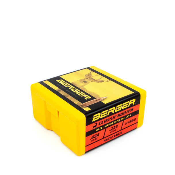 Box of Berger 6mm, 95gr Classic Hunter bullets, product number 24570, quantity 100, with yellow and black design on a white background.