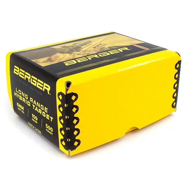 Box of Berger 6mm, 109gr Long Range Hybrid Target bullets, product number 24785, containing 500 rounds, with bullet graphics on the side, on a white background.