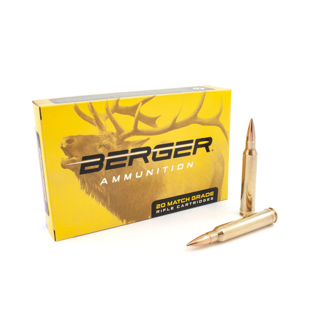 Box of Berger Ammunition for 300 Winchester Magnum, 185gr Classic Hunter, model 70020, with two cartridges beside, on a white background.