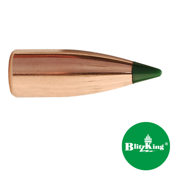 Close-up image of a Sierra 6mm 55 grain BlitzKing bullet, product number 1502. This bullet features a copper body with a distinctive green polymer tip, shown with the BlitzKing logo on a white background.