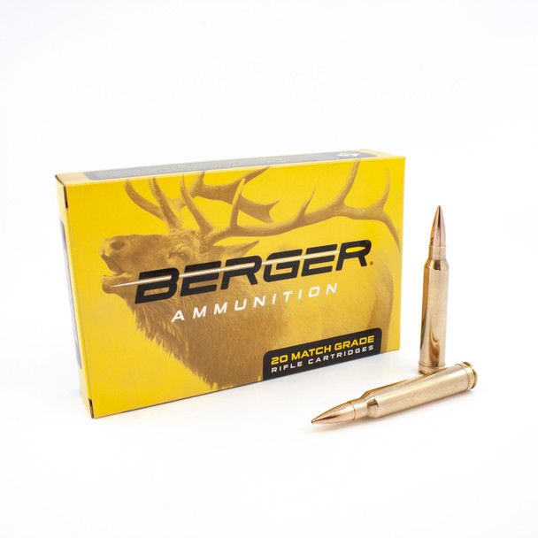 Box of Berger 300 Winchester Magnum, 168gr Classic Hunter ammunition, model 70010, with two bullets beside, on a white background.